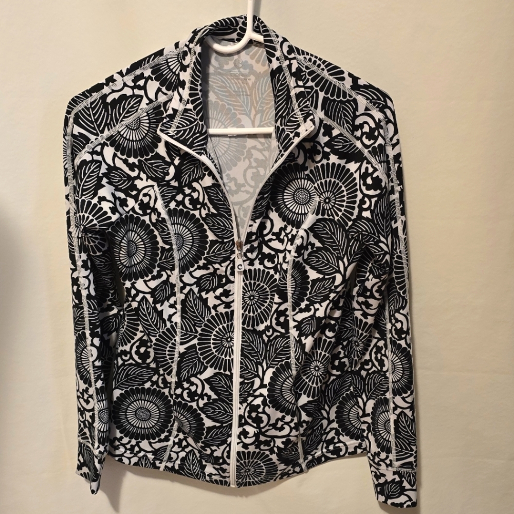 CORE ANDREA JOVINE Activewear Black White Flower Jacket Medium EUC